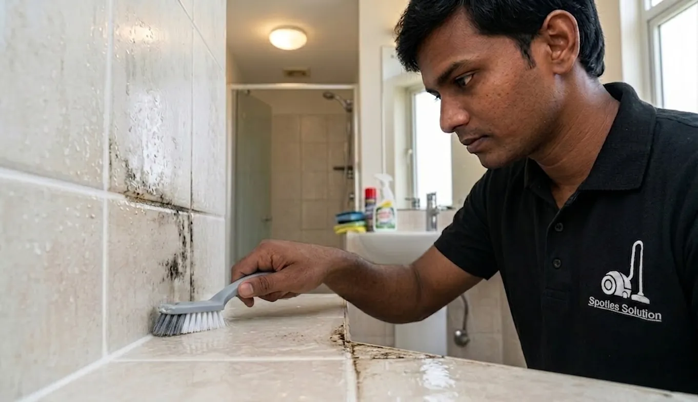 Tile grout restoration during bathroom deep cleaning